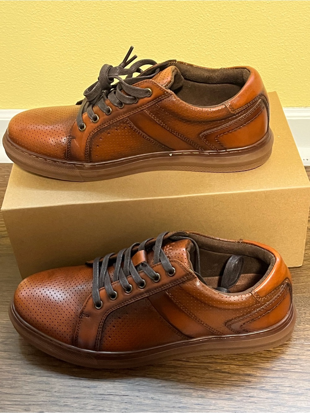 Oxford Men's Perforated Leather Loafers/Sneakers in Cognac Brown